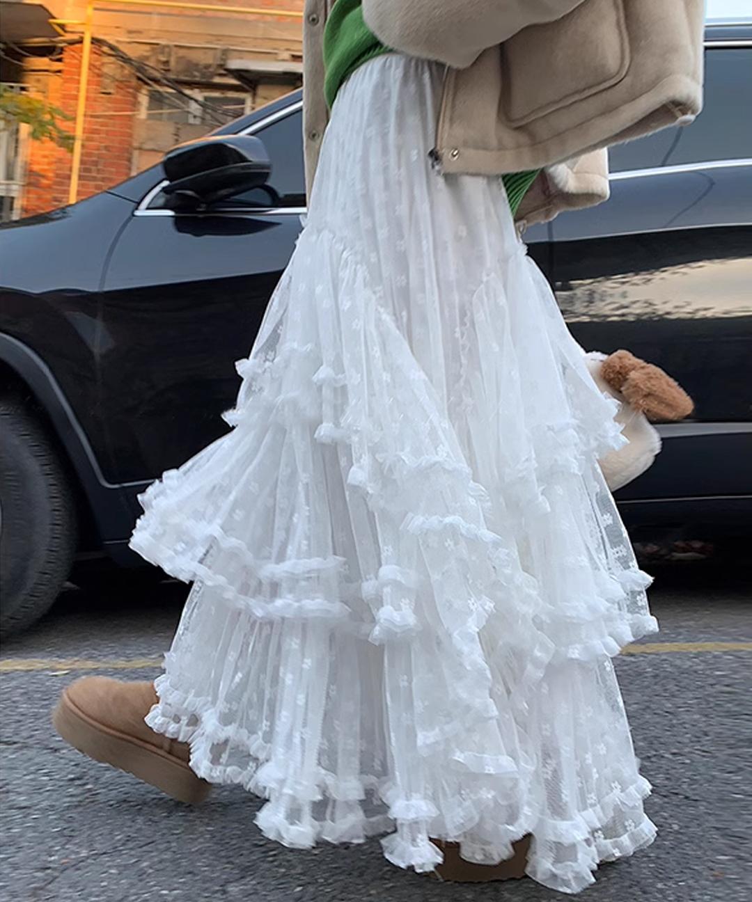 미즈민 [🎉샬랄라 봄스커트❄️사계절 캉캉 레이스/허리밴딩/여친룩/러블리🚛무배] 미떼 케이크 롱스커트 s161527