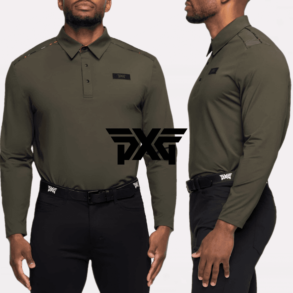 PXG 남성 긴 소매 페어웨이 카모 숄더 스트라이프 폴로 골프 라운딩 티셔츠 카키