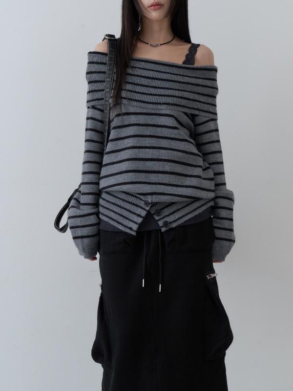 slit button off shoulder knit