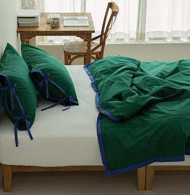 라인 코튼 베딩_forest green&ink