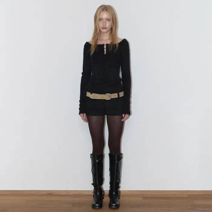 DOUBLE BELT WOOL MICRO PANTS (BLACK)
