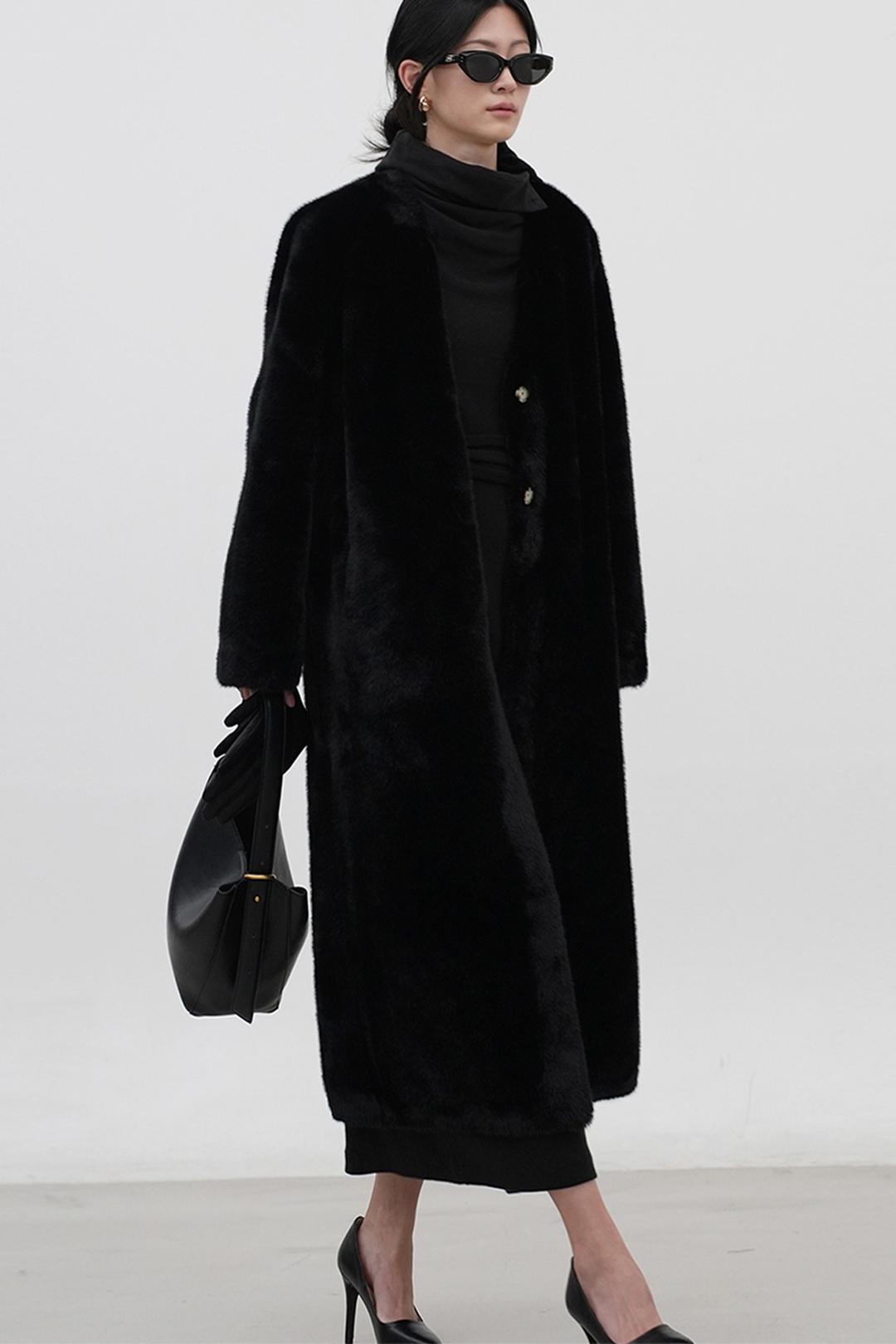 MINIMAL NON COLLAR FUR COAT BLACK