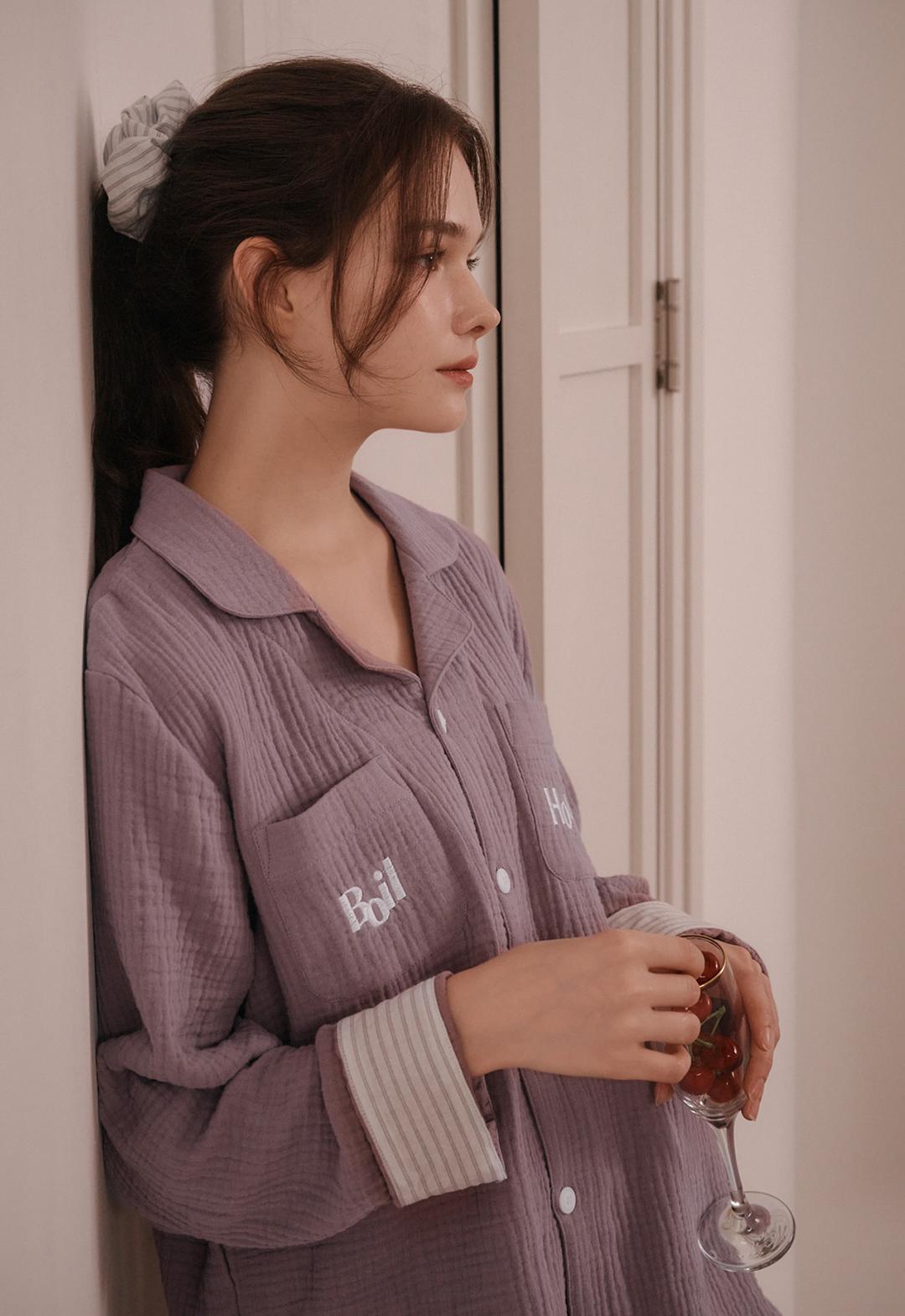 Sunset Stripe Hem Pajama Set (purple gray)