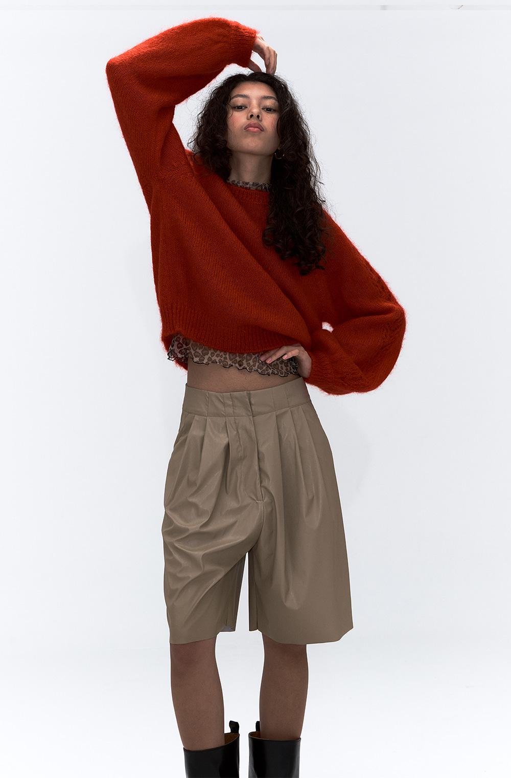 Balloon Sleeve Scallop Knit Red