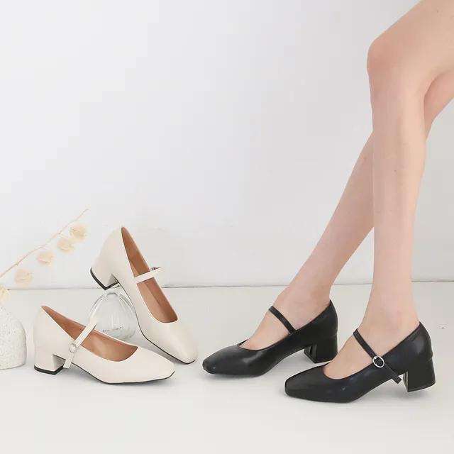 폭신 버클 스트랩 스퀘어 통굽 펌프스(5cm)-3403