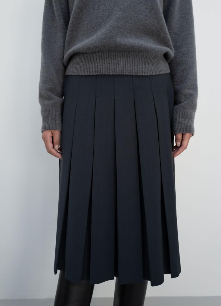 Wool Pleated Flare Skirt (Navy)