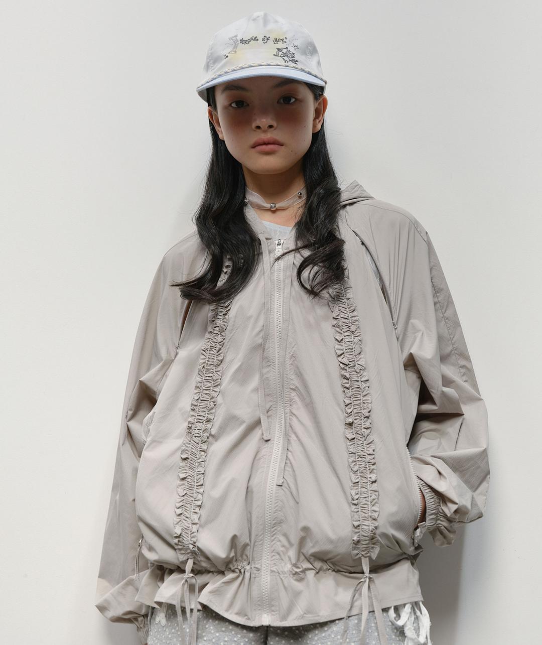 Ruffled Raglan Zip Hoodie [Gray]