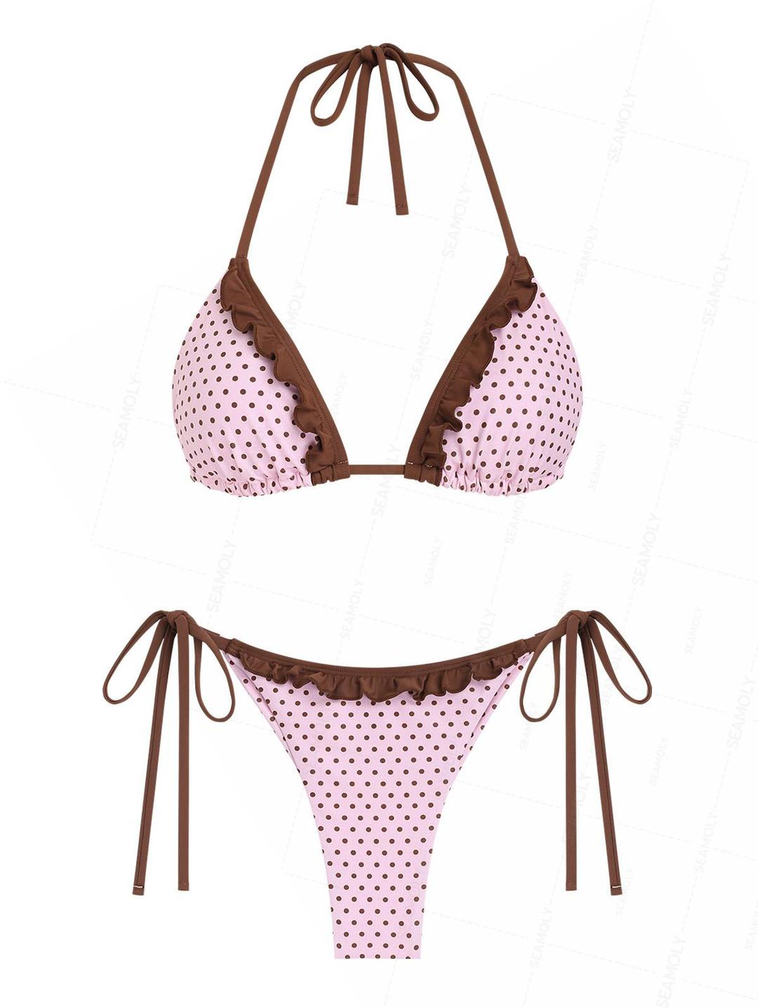 Seamolly Polka Dot Print Ruffles Triangle Top & Cheeky Brazilian Bottom Bikini Set