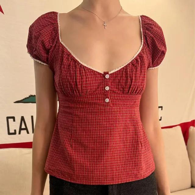 브랜디멜빌 셔츠 BLAIR 플레이드 체크 레이스 반팔 탑 레드 Brandy Melville