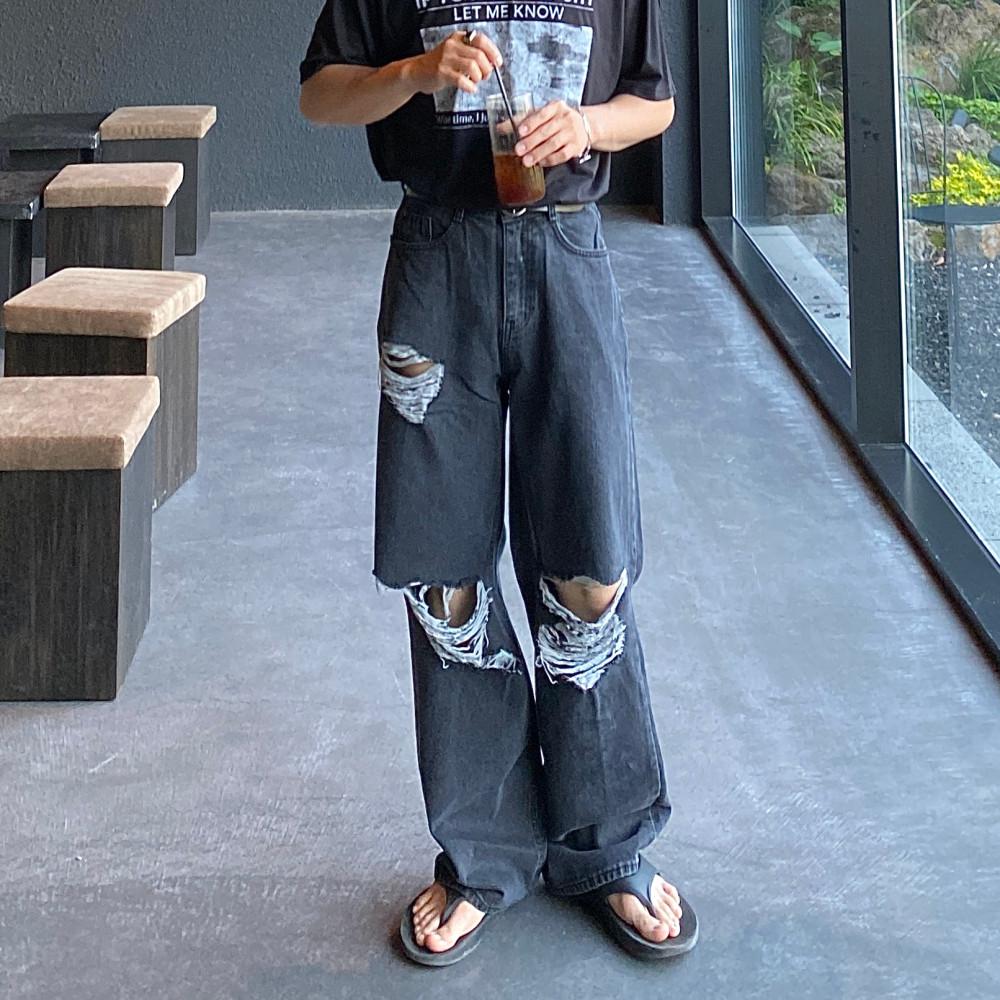 히트 롱 와이드 찢청 데님팬츠 (2color / 흑청,연청)