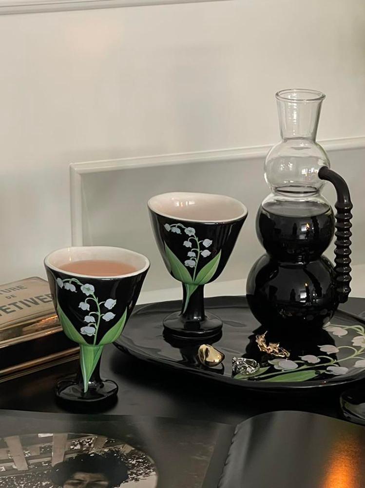 헤이유드 블랙 도자기 와인잔 물망초 고블렛 유리컵 소서