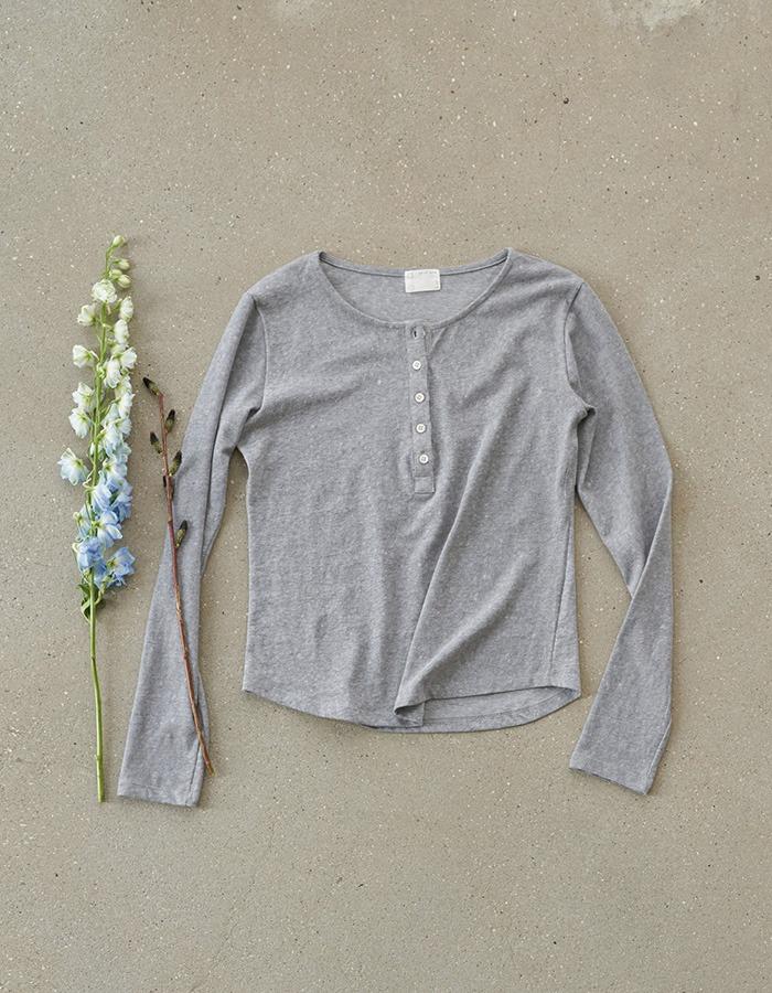 air of june) LINEN COTTON HENLEY NECK T SHIRT (MELANGE GRAY)