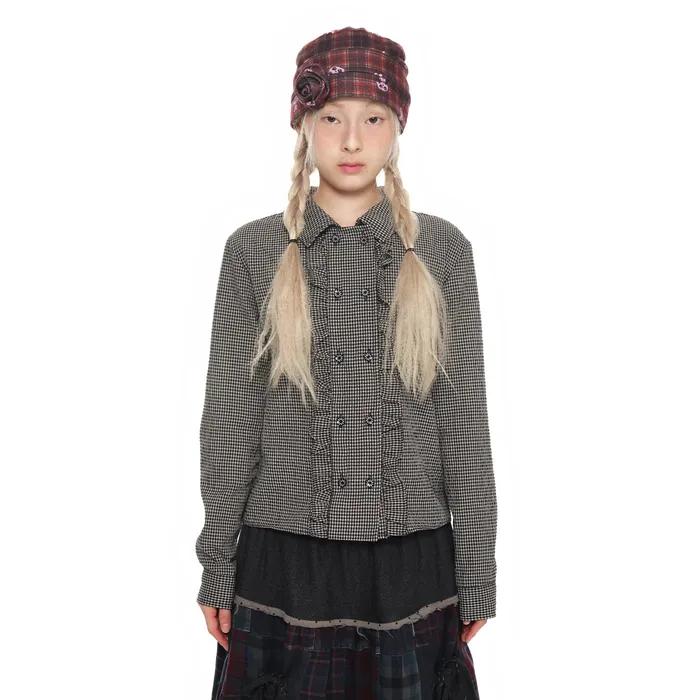 Double Button Frill Check Shirt_black