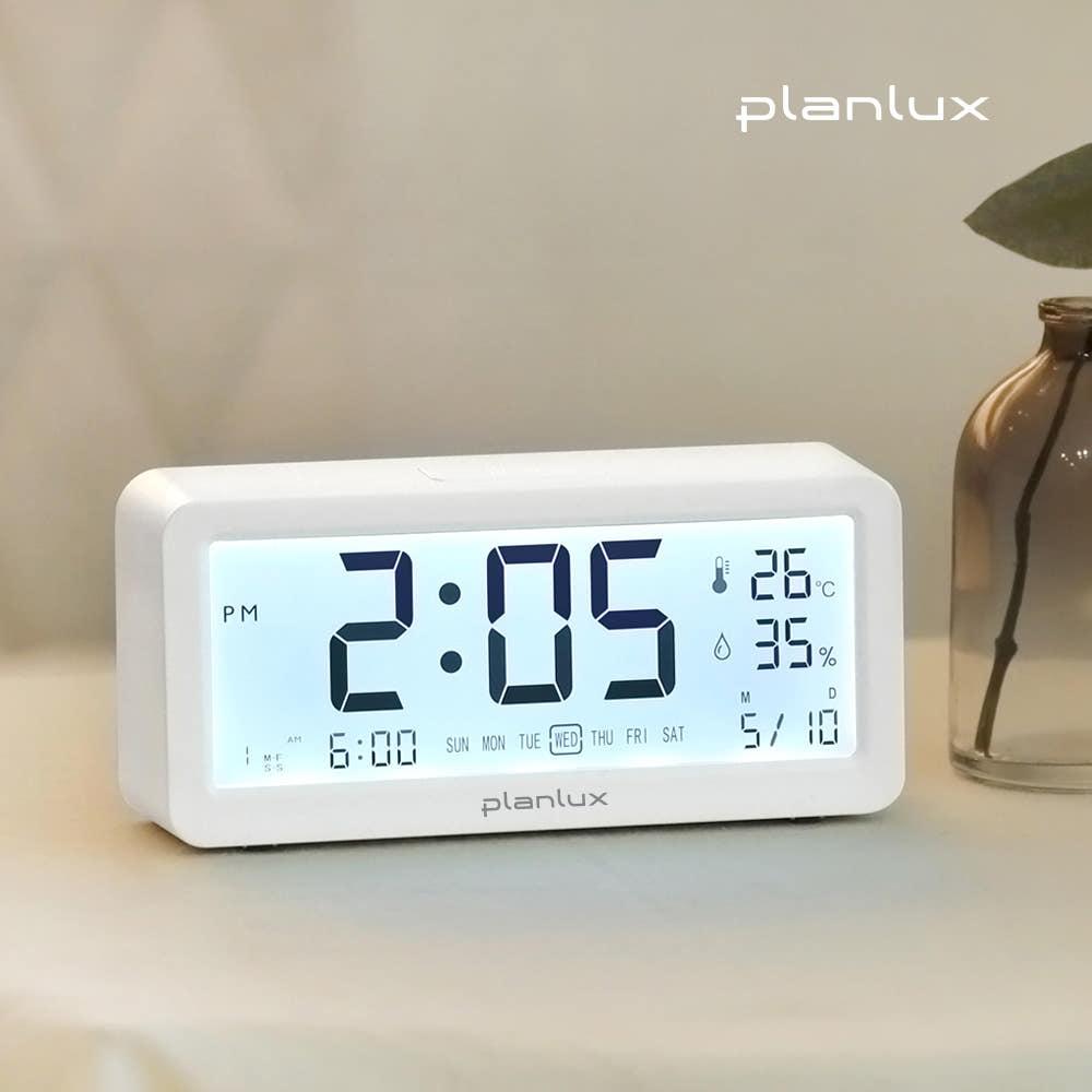 플랜룩스 심플뷰 전자 탁상시계 LED 백라이트 온도 습도 건전지 무소음 알람 시계