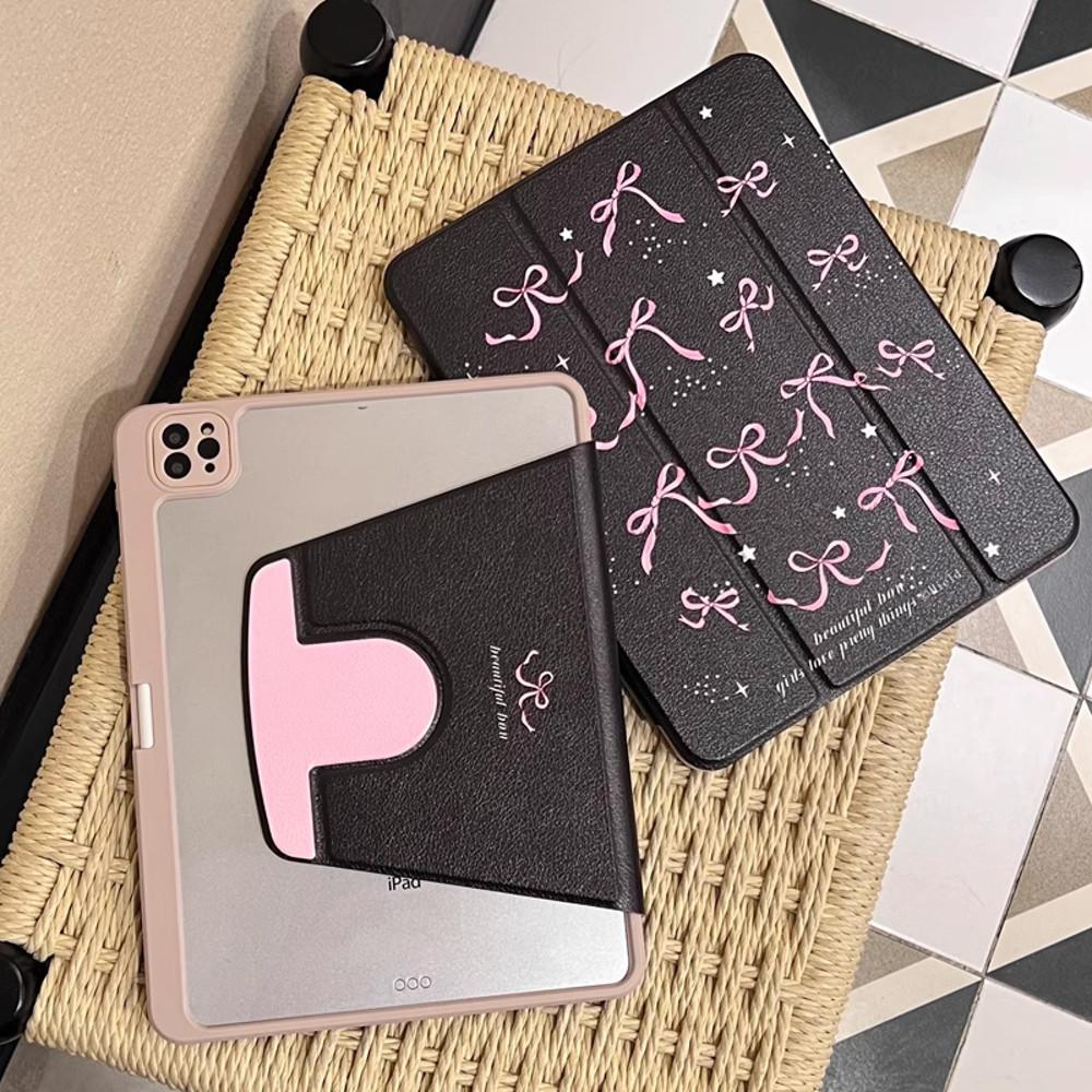 아곰케이스 블랙 핑크 리본 펜슬수납 아이패드 에어 4/5 케이스