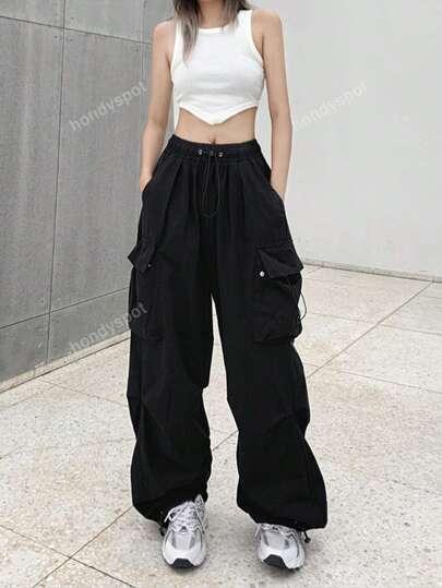 Women's Retro Drawstring Waist Wide Leg Loose Casual Cargo Pants