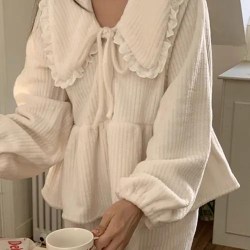 [너무예쁜/MD추천] 룩앤핏 리본 빅카라 셔링 기모 수면잠옷 홈웨어 9019