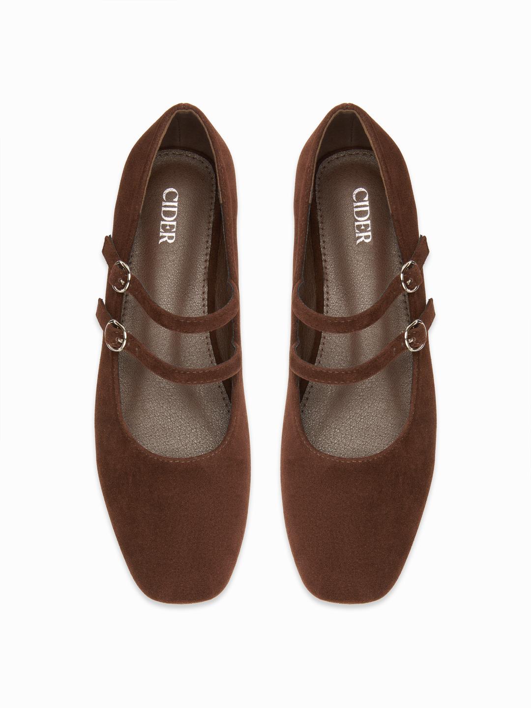 FAUX SUEDE SQUARE TOE BUCKLE MARY JANE FLATS