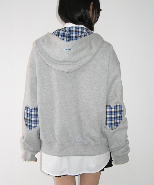 CHECK PATCH HOODIE ZIP UP GREY