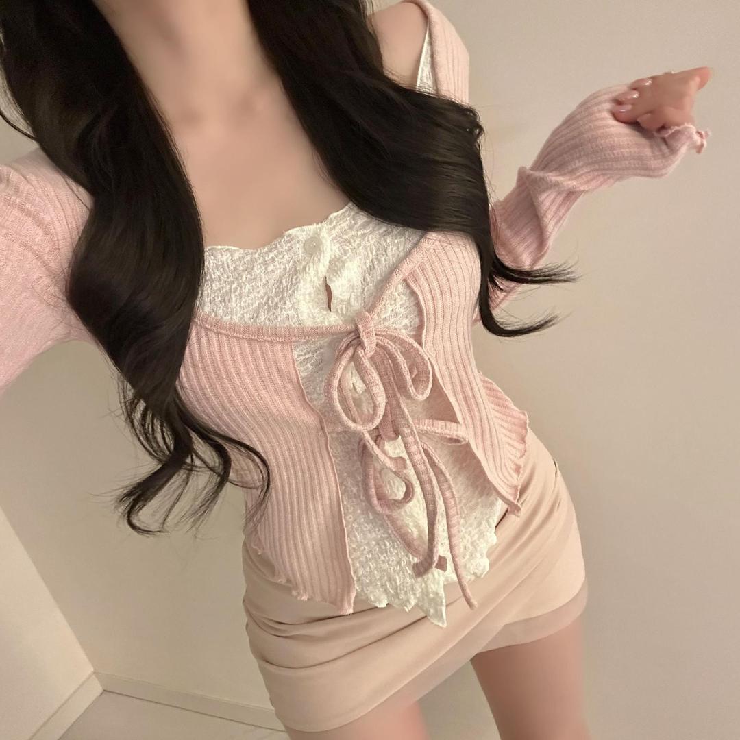 헤안느 [러블리🌷/데이트룩]루르디 배색 레이어드 리본 슬림핏 골지 가디건 티셔츠