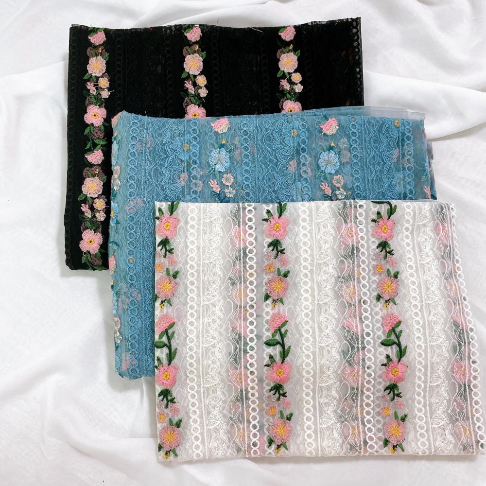 뷰 핑크 꽃자수 원단 패브릭천 망사레이스 (HR455)