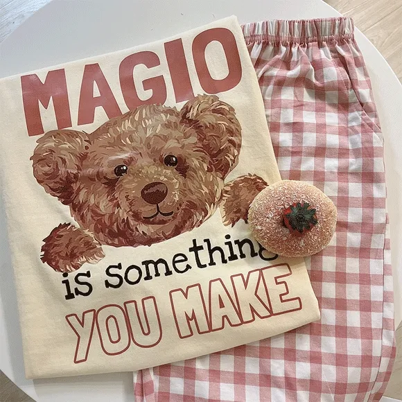 💖[주문폭주!] 귀여운 곰돌이 티셔츠 잠옷 체크바지 여름 파자마 상하 홈웨어 선물 파자마파티