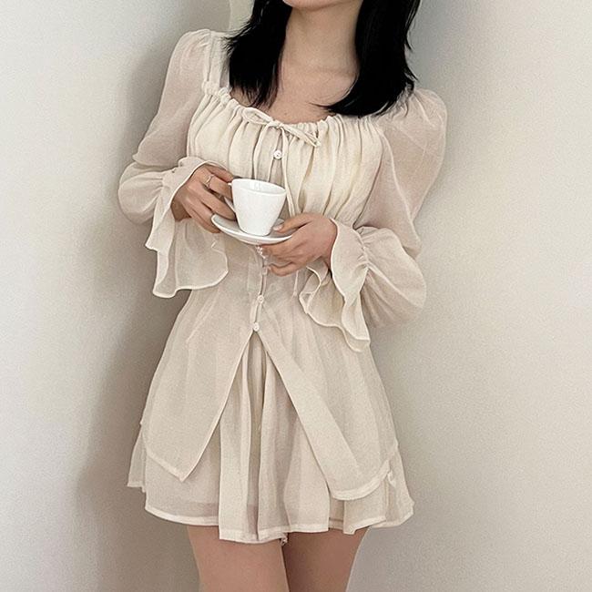 마마시타 [빠른출발/하객룩/여신핏] 포닝 블라우스 팬츠 투피스 세트