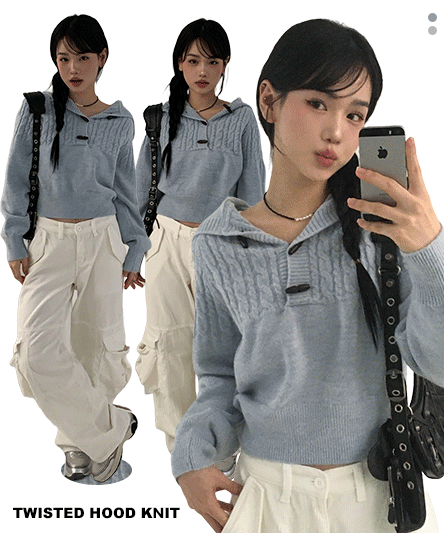 [모델추천🖤] 떡볶이 3단추 후드 니트 - 2color