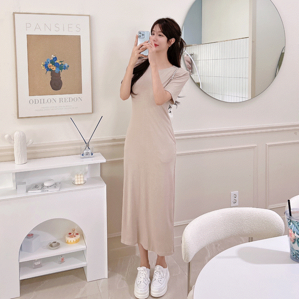 이지핏 라운드 반팔 롱 원피스 ( 3 COLOR )