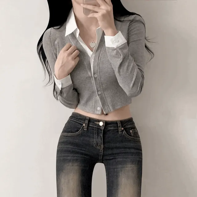 [일체형/하이틴무드] 하이틴 영화 여주인공 골지 가디건 + 크롭셔츠 일체형 레이어드 긴팔 티셔츠