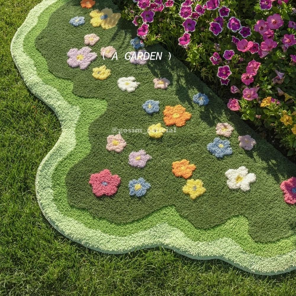 고심 잔디 터프팅 러그 플라워 매트 비정형 침실 거실 소파 현관 150x75cm