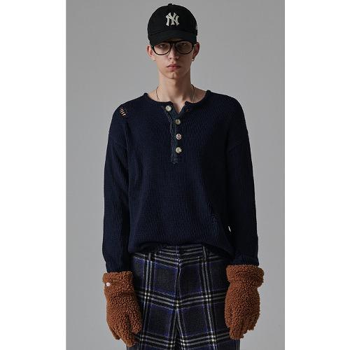 [COLLECTION LINE] 아카이브 헤비 웨이트 코튼 데미지 디테일 헨리넥 니트 네이비