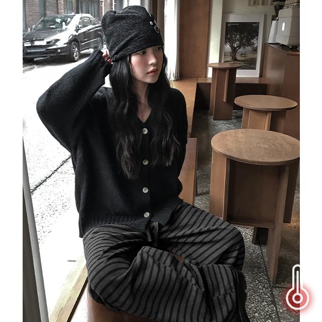 루너프 [직진배송][MADE] 마틴 겉기모 스트라이프 배색 밴딩 와이드 롱팬츠