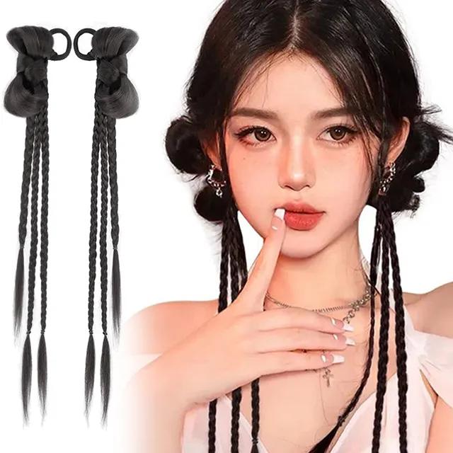 리본포인트 3-라인 땋은머리 트윈테일 링 헤어피스 2개 - 1셋트