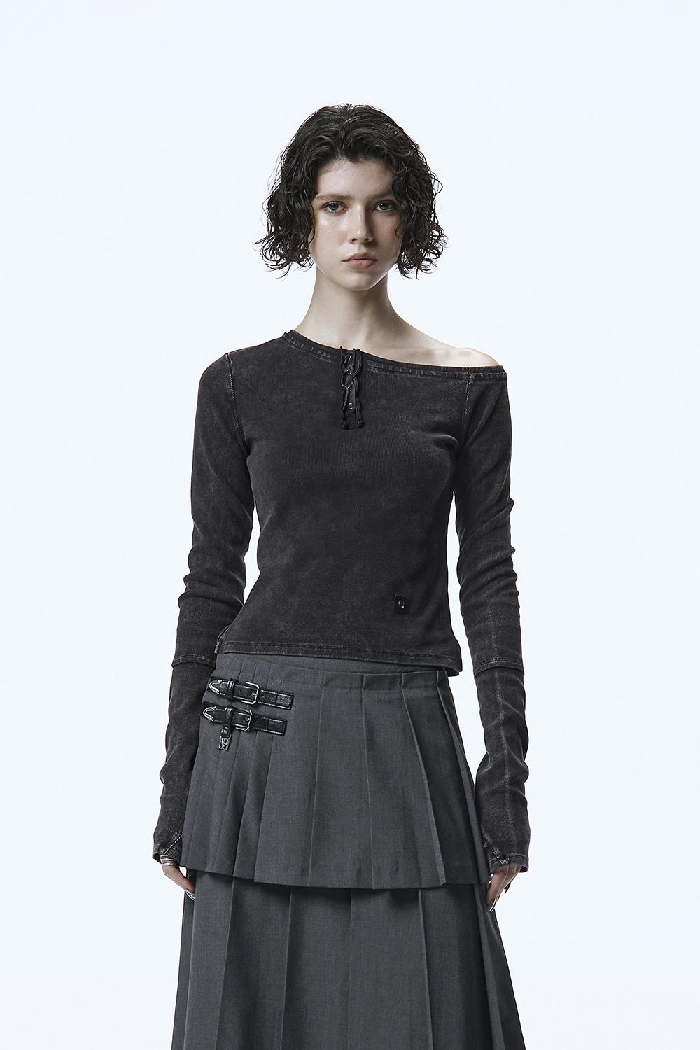 One-Shoulder Henley Neck Long Sleeve [ Charcoal ]