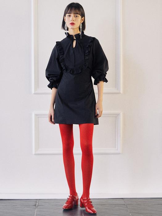 Sleeve Banding Frill Dress-Black