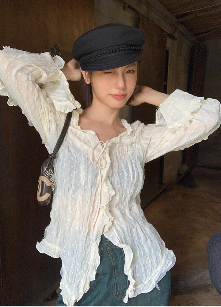 브이넥 레이스 시스루 블라우스 가디건