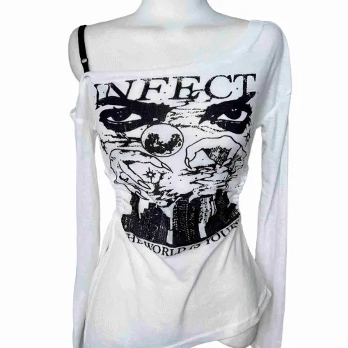 [품절] 원오프 홀트임 사선 언발 티셔츠 / y2k, 옆트임, 오프숄더, 시스루, 프린팅, 유니크, 힙, 섹시글램, 간절기