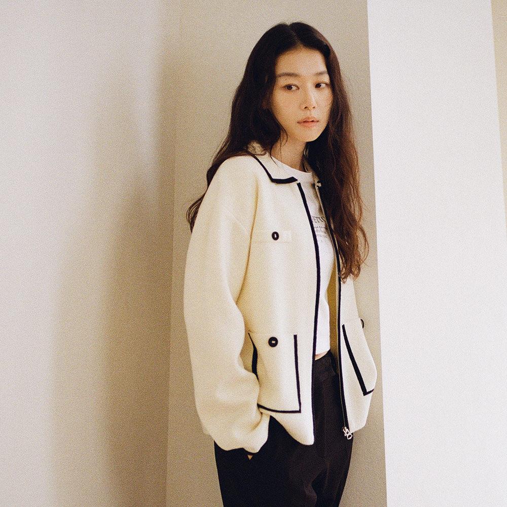 SIKN2059 Color zip up cardigan_Cream black