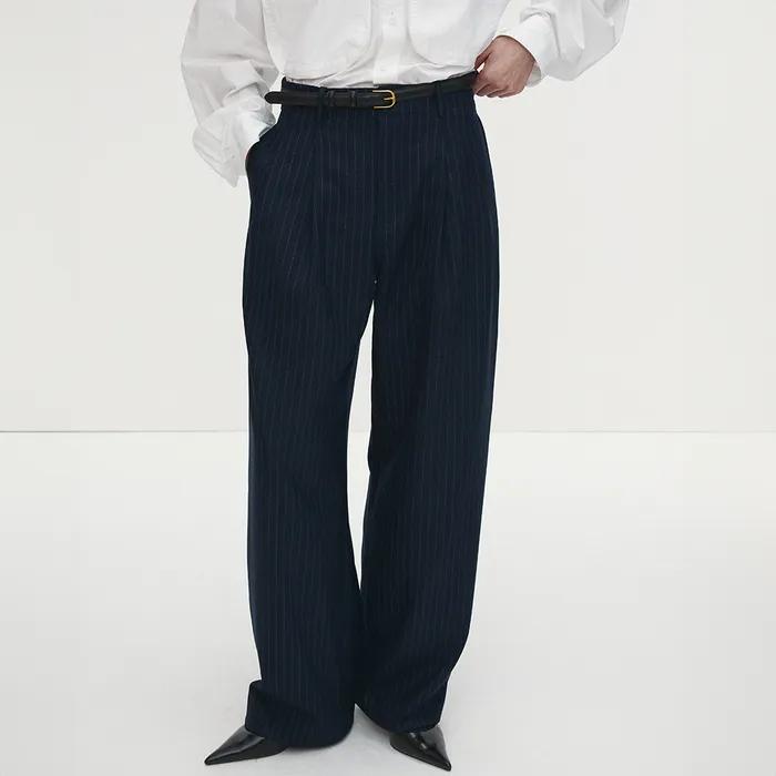 STRIPED WOOL DOUBLE-PLEATS WIDE TROUSERS_ NAVY PINSTRIPE