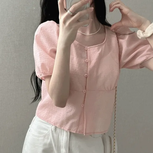 [ 시원한소재!/여유핏 ] 웬즈 퍼프 스퀘어넥 반소매 블라우스 (4col)