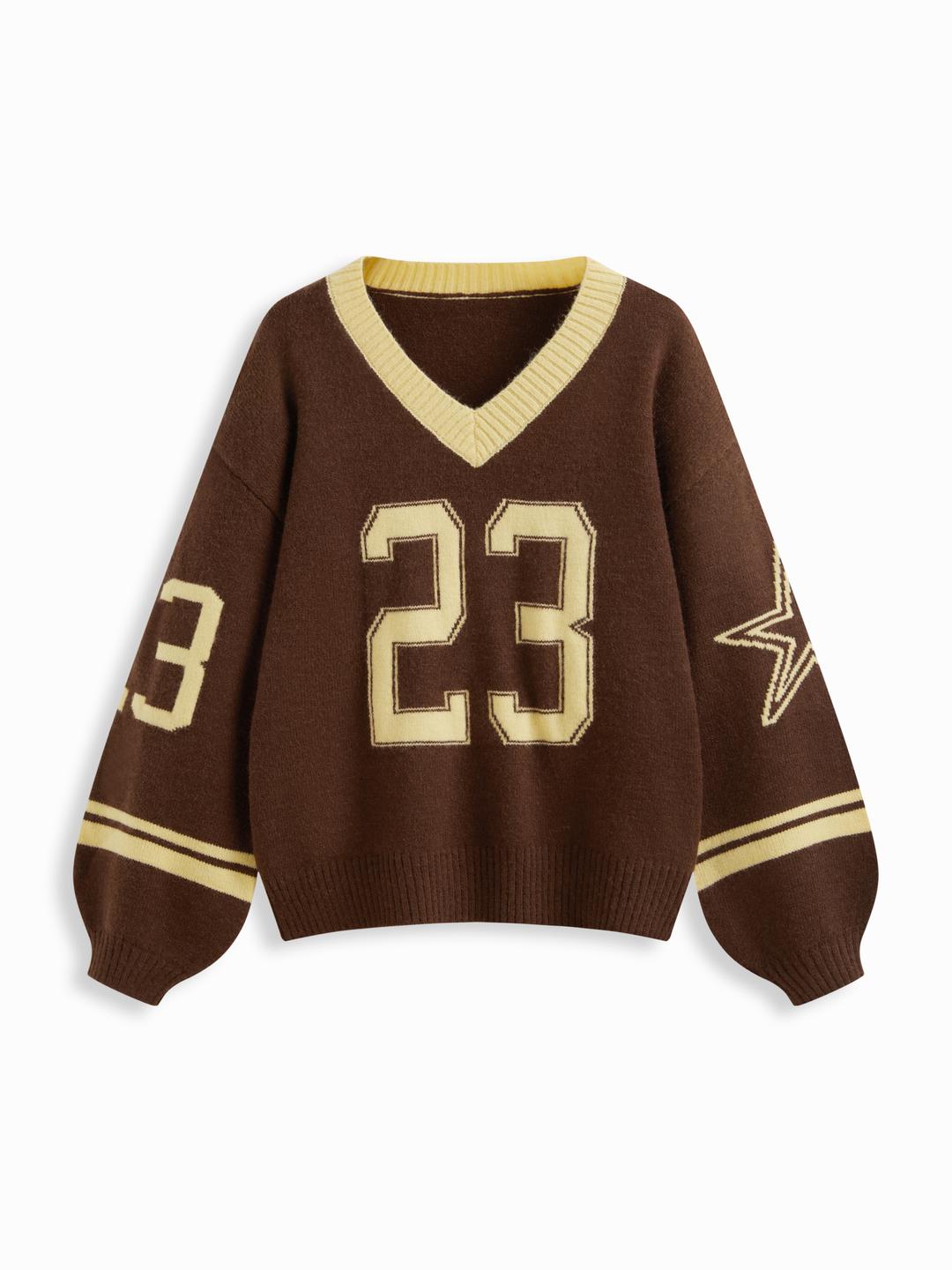 Knit V-neck 23 Graphic Striped Contrasting Binding Oversized Long Sleeve Top