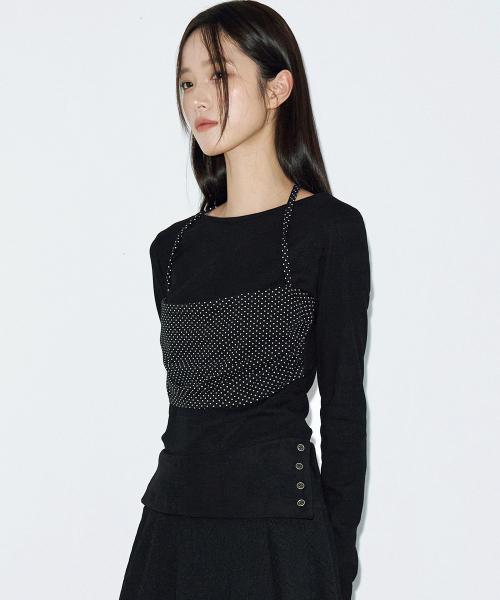 도트 셔링 탑 레이어드 롱 슬리브 [도트 블랙]