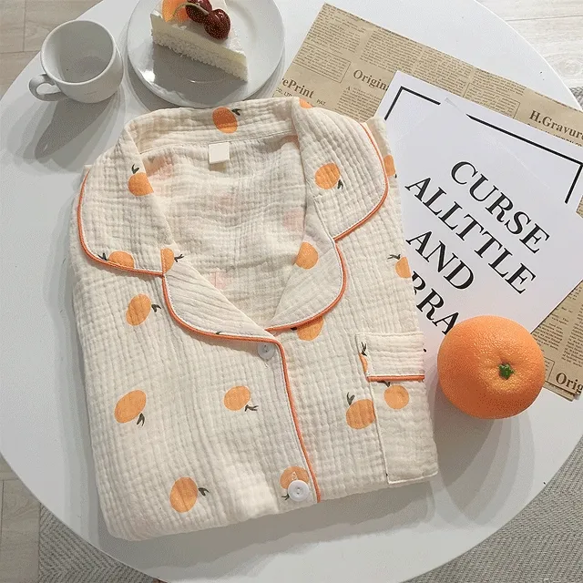 🍊[당일출고/반팔긴팔] 귤 오렌지 순면 요루 잠옷 여름 파자마 빅사이즈 세트 반팔 상하세트