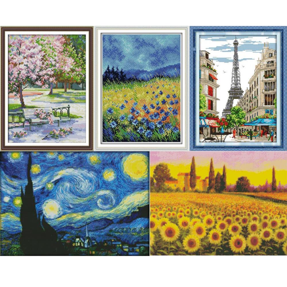 십자수 패키지 풍경화 명화 해바라기 바닷가 도안 원단 바늘 실 프린트 십자수세트