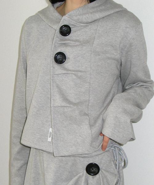 BIG BUTTON PLEATED HOODED CARDIGAN GREY