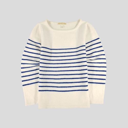 빈티지 아이보리 블루 스트라이프 슬림핏 캐시미어100 라운드넥 니트  WOMANS M