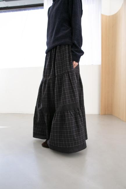 오무수히 cotton check shirring long skirt(2colors)