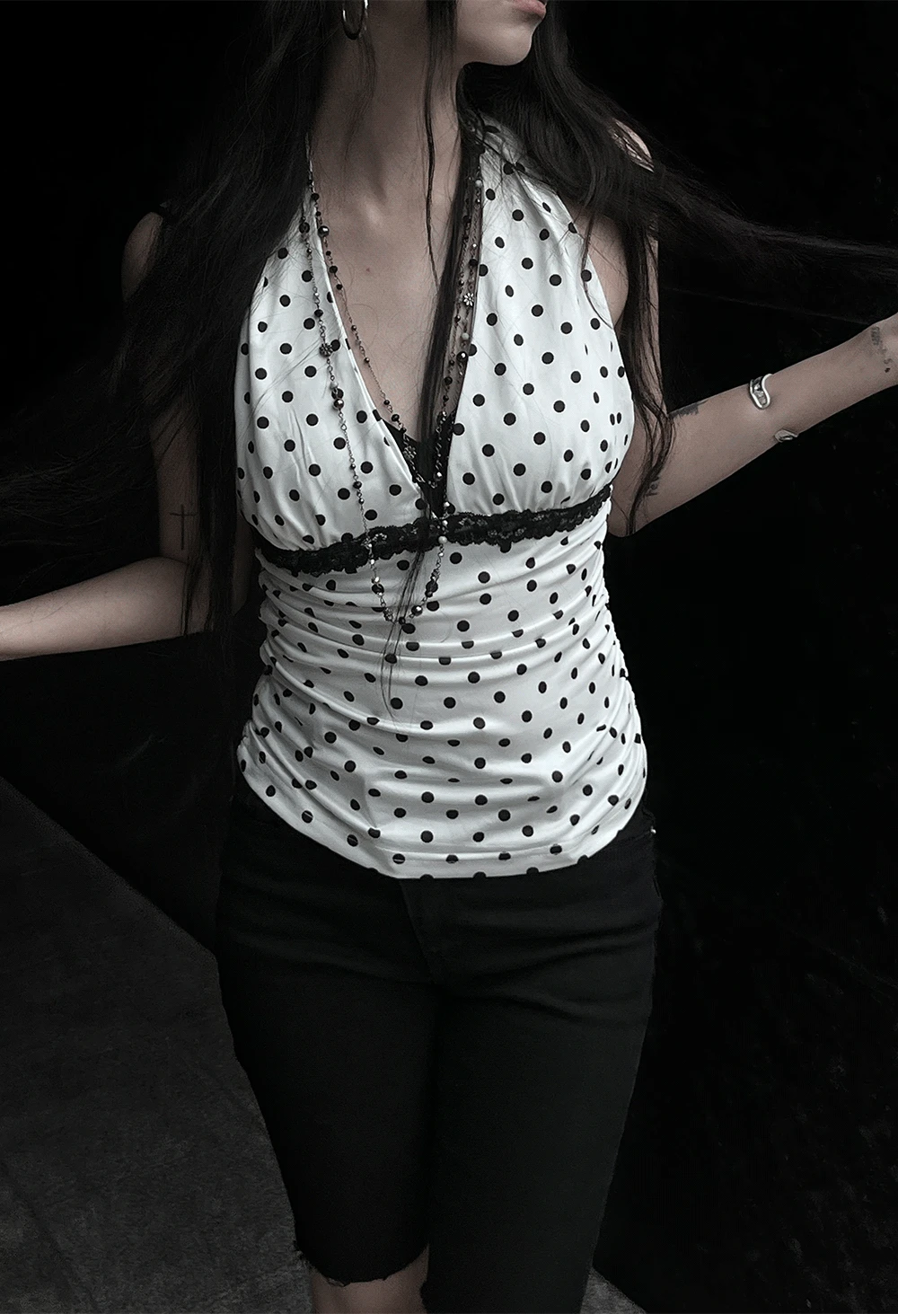 lace dot backless top