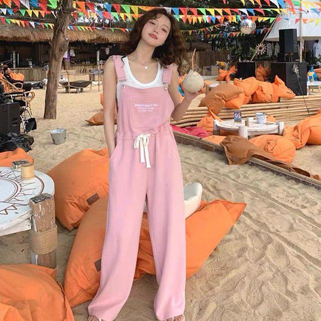 [사계절가능/2color] 레터링 쭈리 트레이닝 니트 와이드 멜빵 바지 오버롤 점프수트